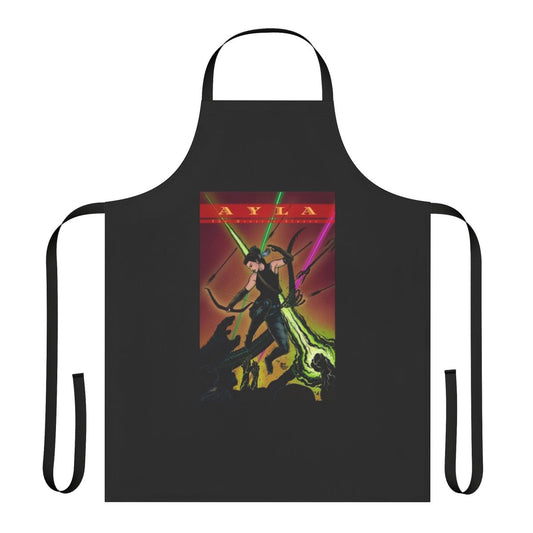 Handmade apron featuring the image of Ayla, the Navajo superhero monster slayer, jumping into battle.