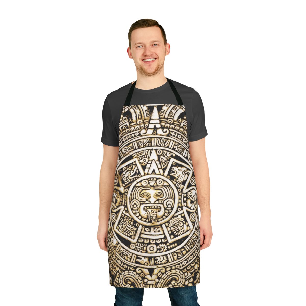 Handmade apron featuring an intricate Aztec calendar design