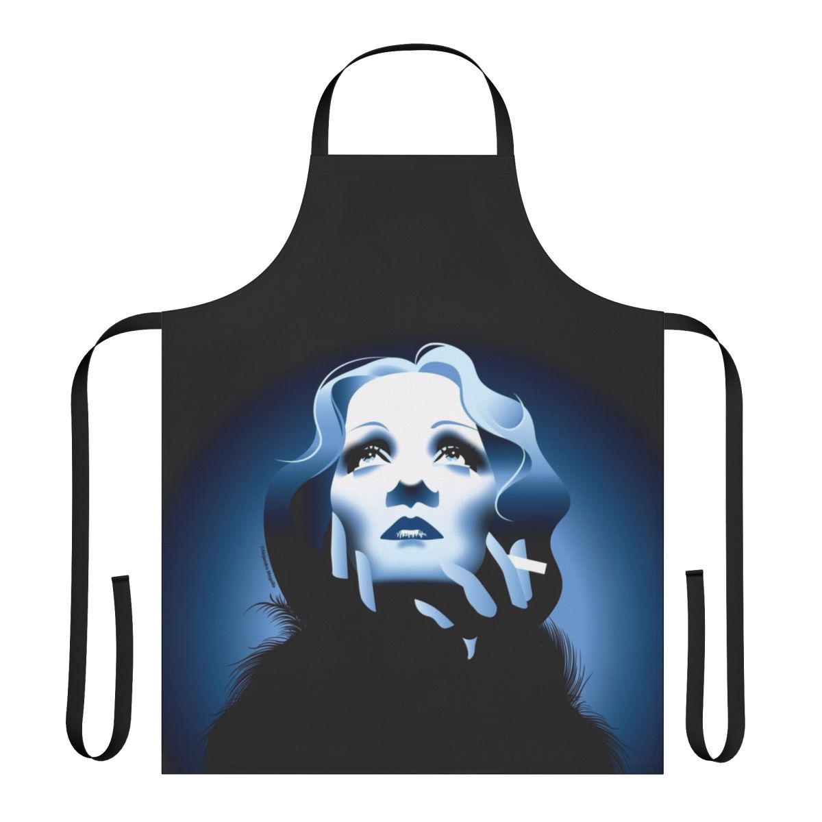 Handmade blue apron featuring the art of Alejandro Mogollo