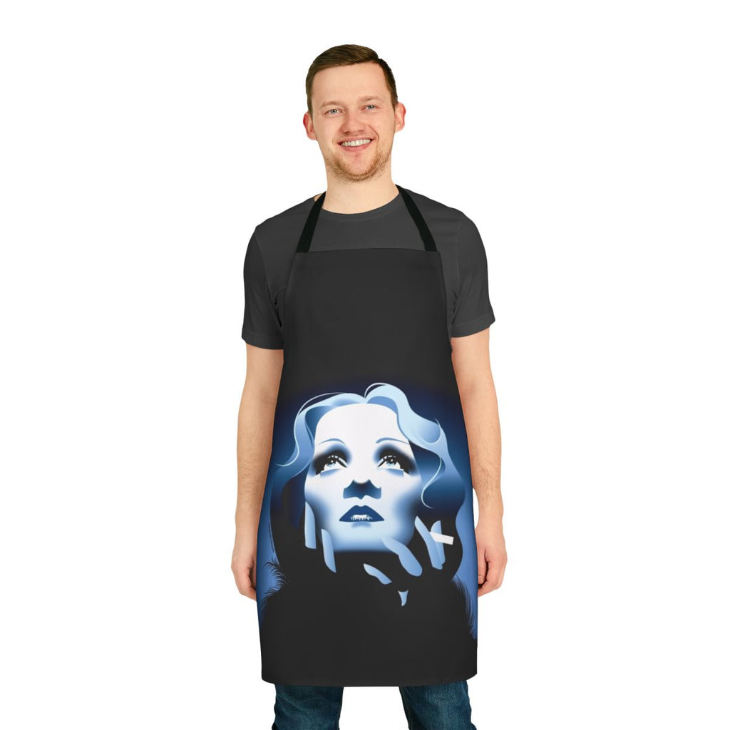 Handmade blue apron featuring the art of Alejandro Mogollo