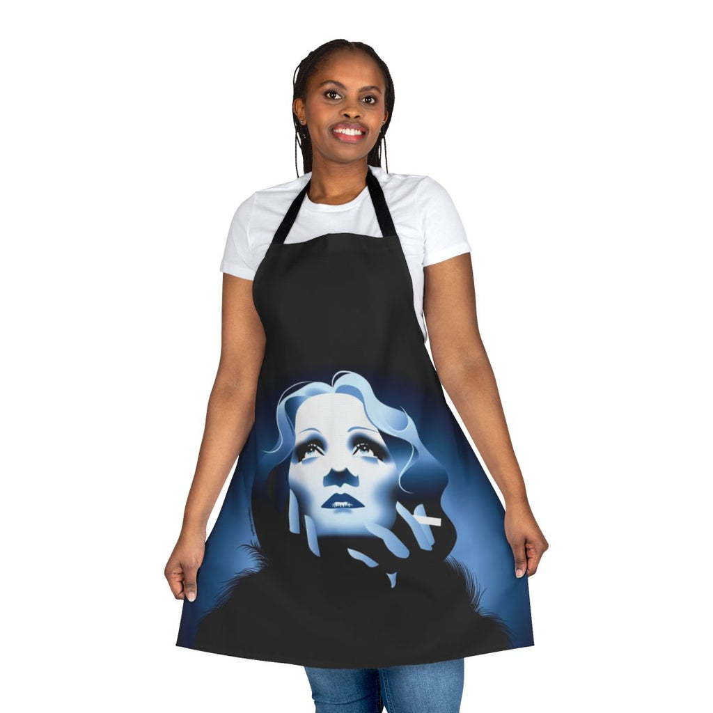 Handmade blue apron featuring the art of Alejandro Mogollo