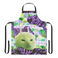 Unique handmade collage art apron featuring a quirky, whimsical green alien creature