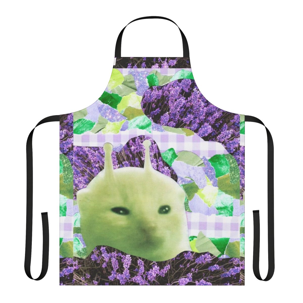 Unique handmade collage art apron featuring a quirky, whimsical green alien creature