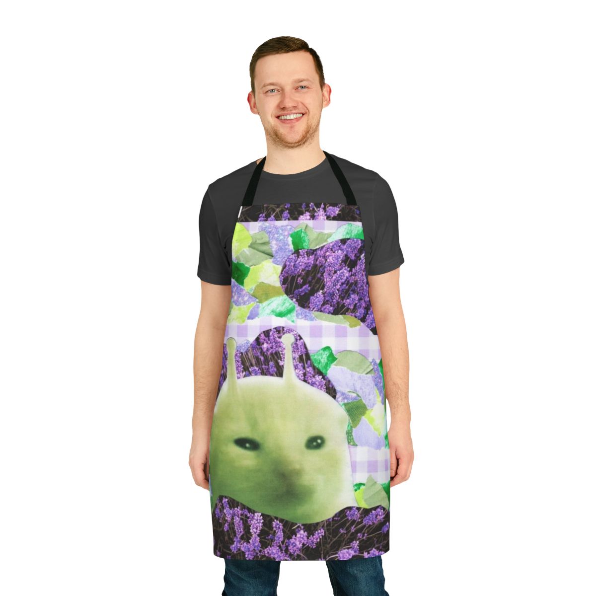 Unique handmade collage art apron featuring a quirky, whimsical green alien creature