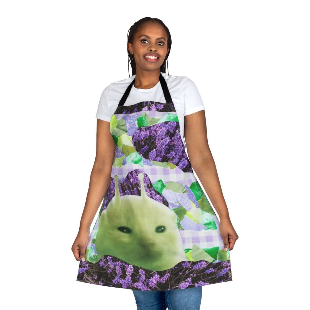 Unique handmade collage art apron featuring a quirky, whimsical green alien creature