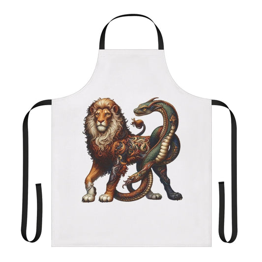 Detailed embroidered apron featuring a mythical chimera creature in a fantasy design