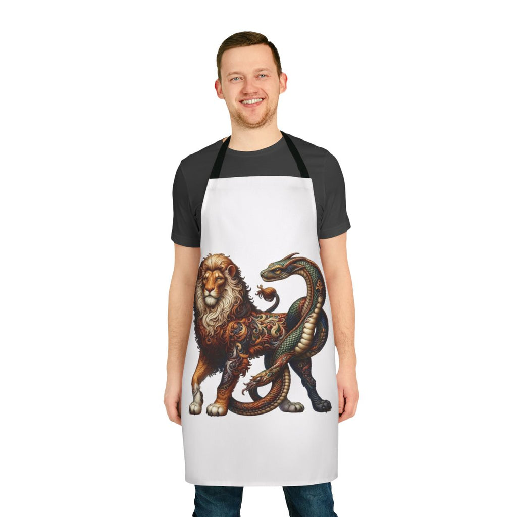 Detailed embroidered apron featuring a mythical chimera creature in a fantasy design