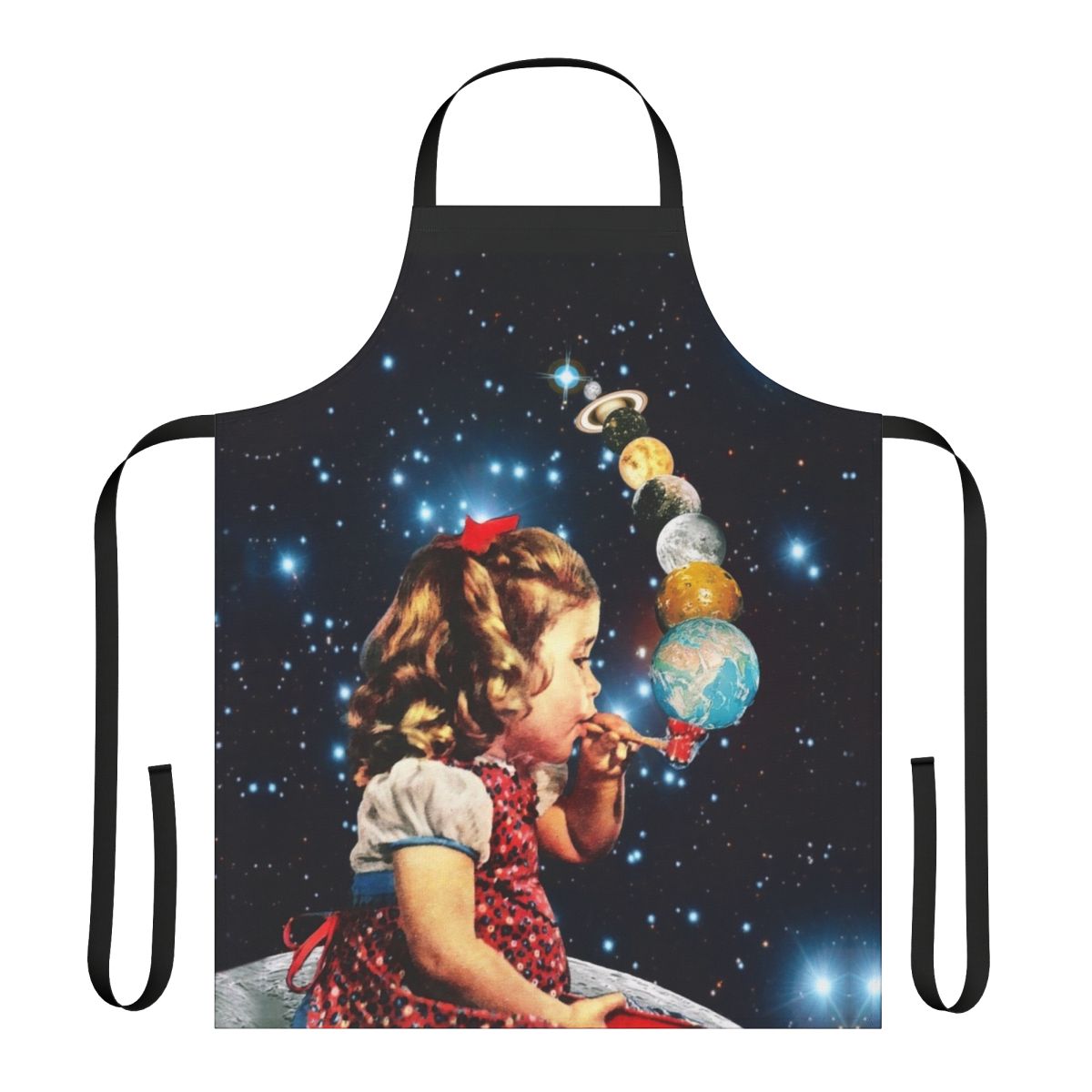 Handmade maker apron featuring a surreal collage design with vintage, psychedelic, and abstract elements.