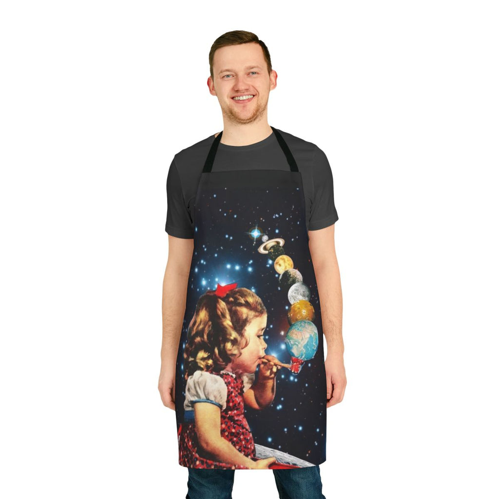 Handmade maker apron featuring a surreal collage design with vintage, psychedelic, and abstract elements.