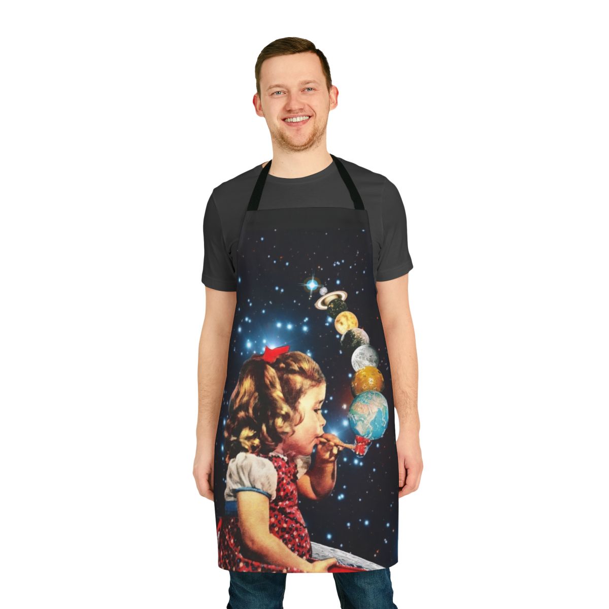 Handmade maker apron featuring a surreal collage design with vintage, psychedelic, and abstract elements.
