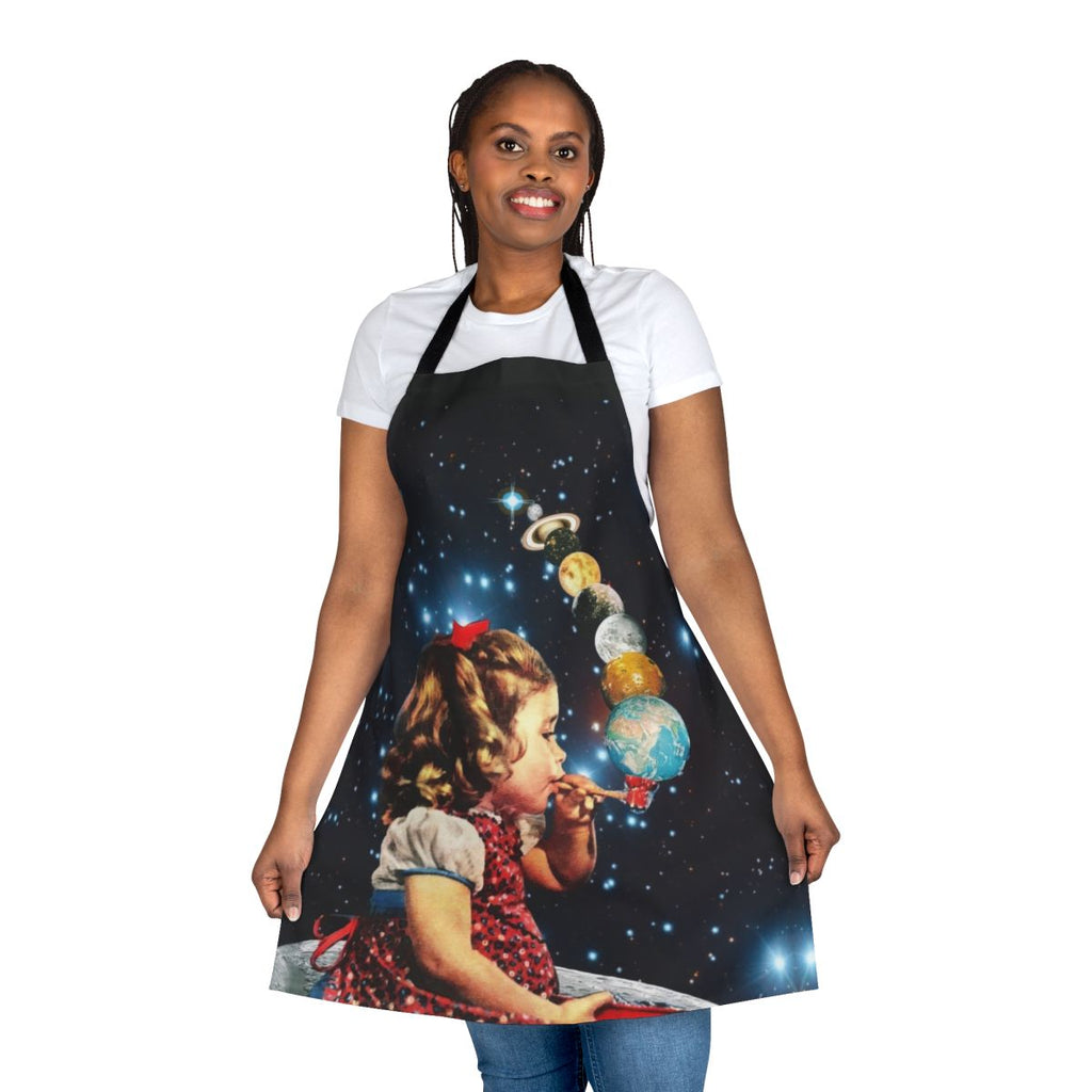 Handmade maker apron featuring a surreal collage design with vintage, psychedelic, and abstract elements.