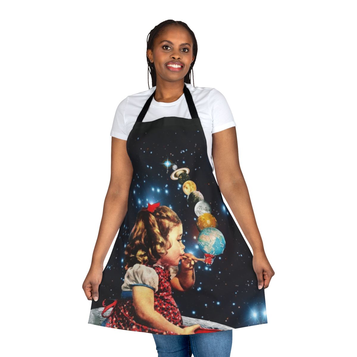 Handmade maker apron featuring a surreal collage design with vintage, psychedelic, and abstract elements.