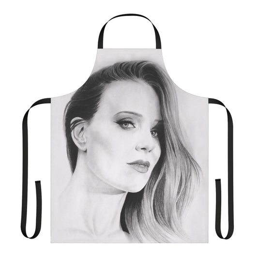 Handmade apron featuring a minimalist pencil portrait design inspired by Epica singer Simone Simons