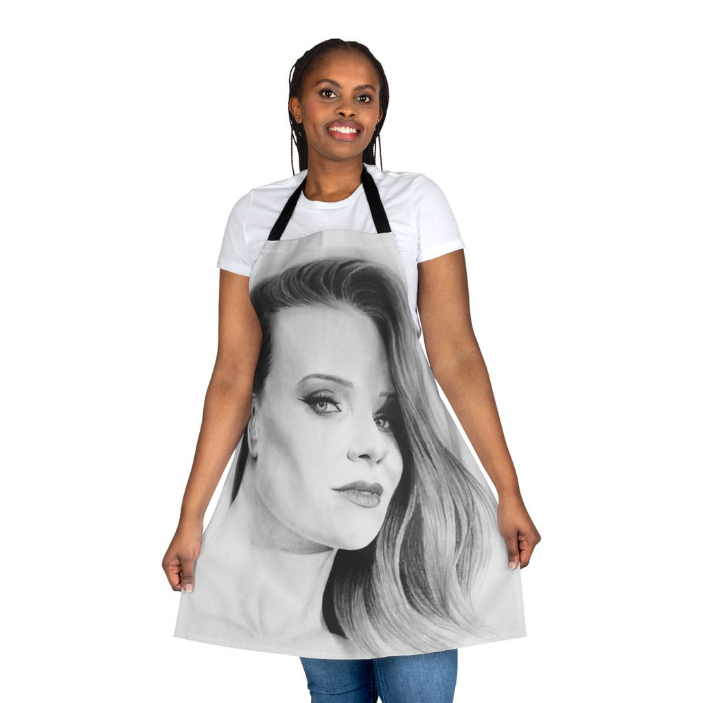 Handmade apron featuring a minimalist pencil portrait design inspired by Epica singer Simone Simons