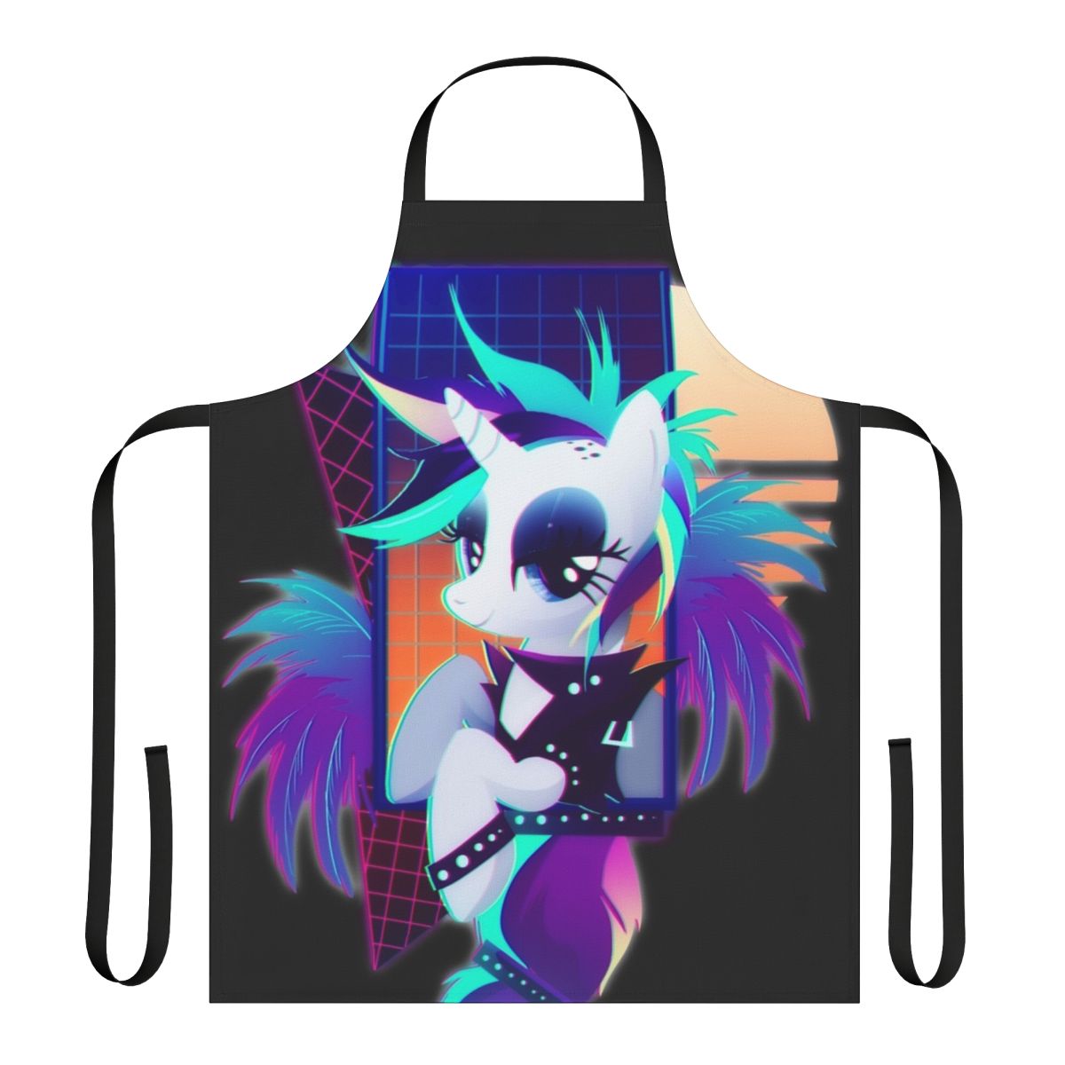 Pastel pink and purple apron featuring a punk-inspired design inspired by the character Rarity from My Little Pony: Friendship is Magic.