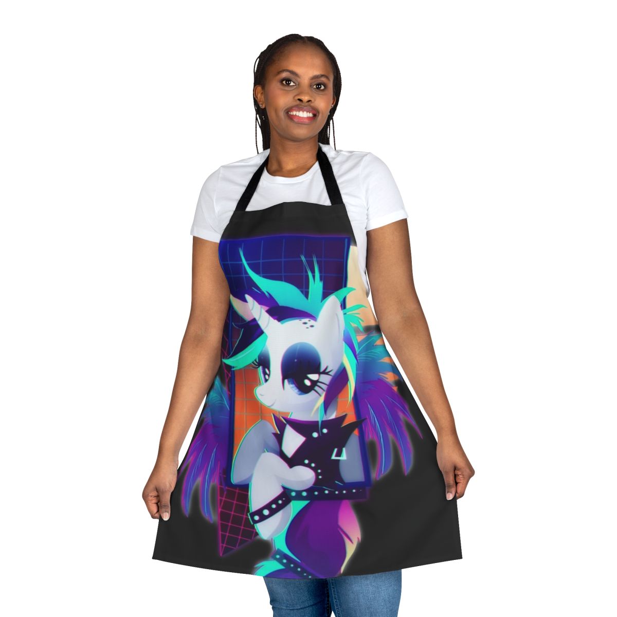 Pastel pink and purple apron featuring a punk-inspired design inspired by the character Rarity from My Little Pony: Friendship is Magic.