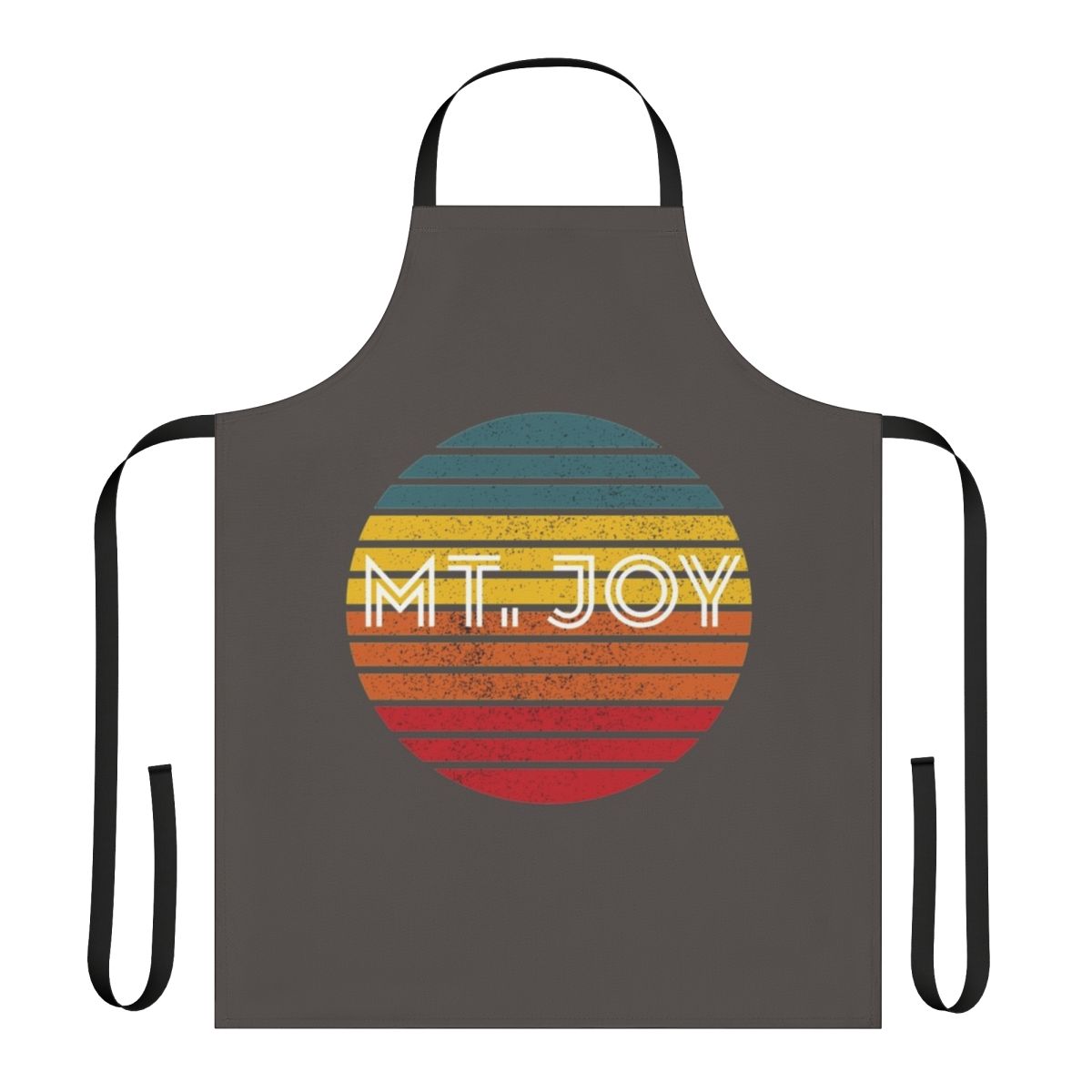 A retro-style apron featuring a sunset design, inspired by the indie band Mt Joy and their mountain-themed aesthetic.