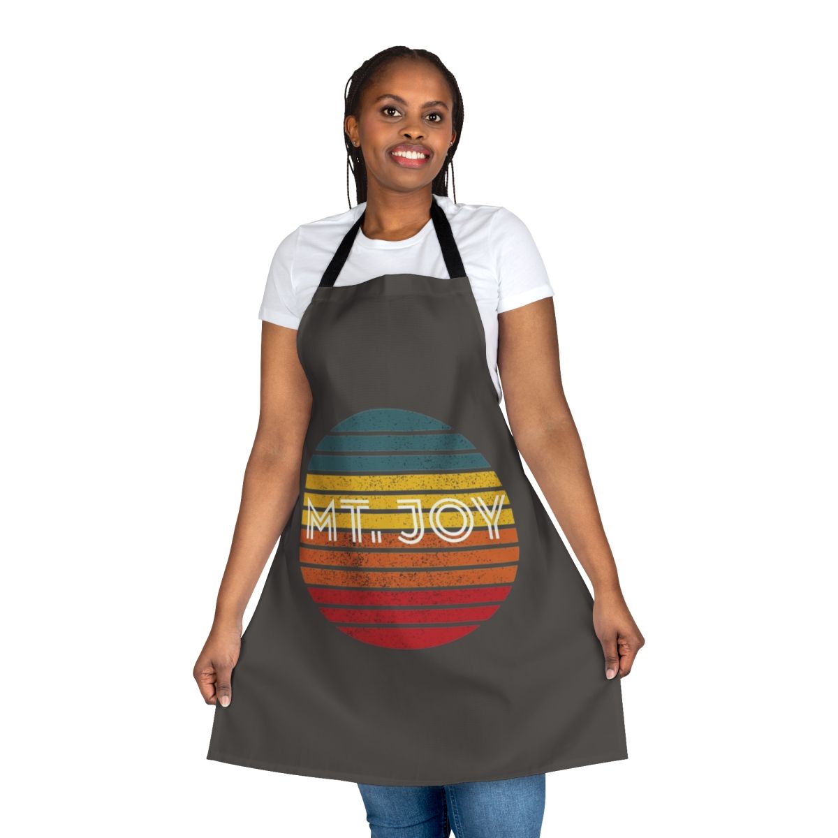 A retro-style apron featuring a sunset design, inspired by the indie band Mt Joy and their mountain-themed aesthetic.