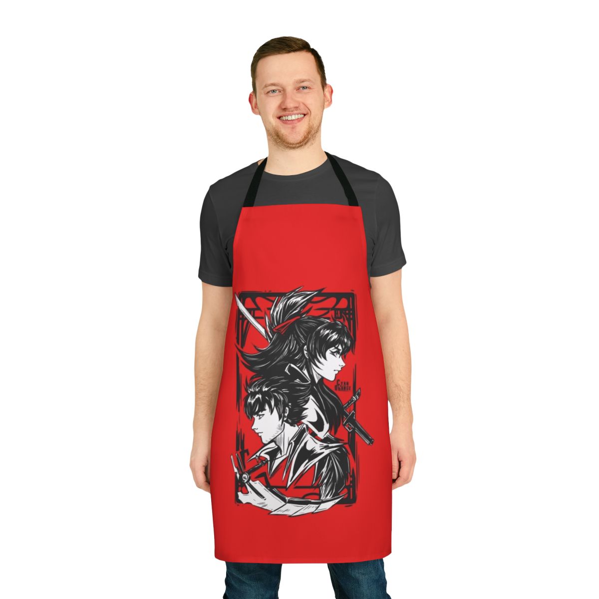 Handmade apron featuring the Branwen twins Raven and Qrow from the RWBY series