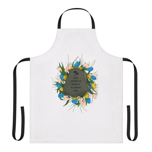 Handmade custom apron featuring a gardening theme inspired by the television show Schitt's Creek.