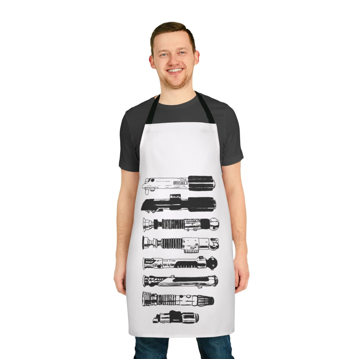 Handmade apron with a minimalist Star Wars-inspired design in black and white.