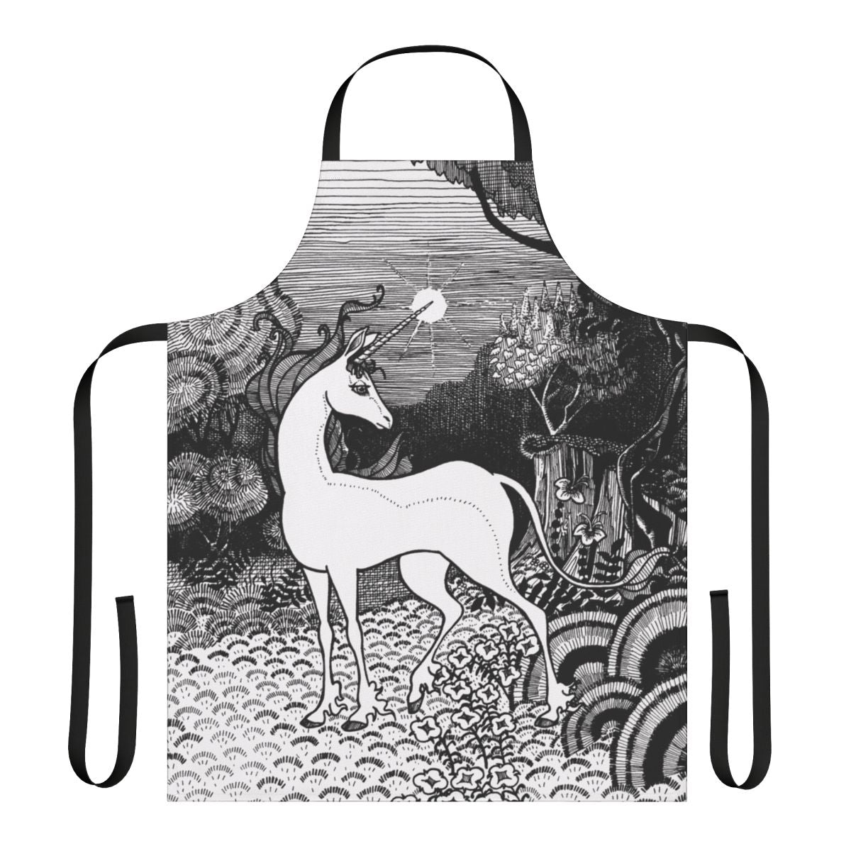 Monochromatic line art illustration of the last unicorn in a magical forest, printed on a high-quality apron.