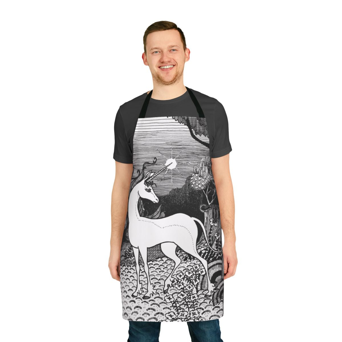 Monochromatic line art illustration of the last unicorn in a magical forest, printed on a high-quality apron.