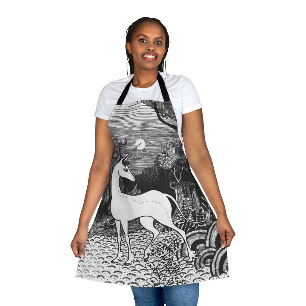 Monochromatic line art illustration of the last unicorn in a magical forest, printed on a high-quality apron.