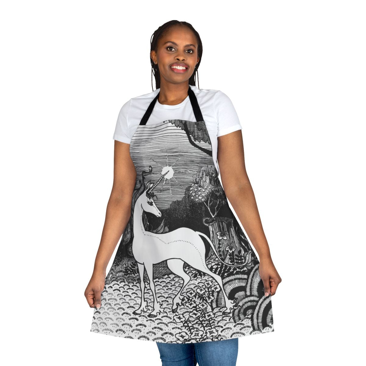 Monochromatic line art illustration of the last unicorn in a magical forest, printed on a high-quality apron.