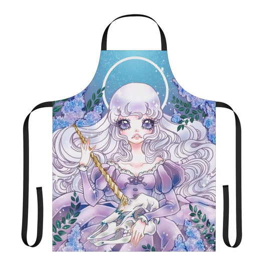 A handmade apron featuring a pastel illustration of the unicorn from "The Last Unicorn" in a whimsical, fantasy style.