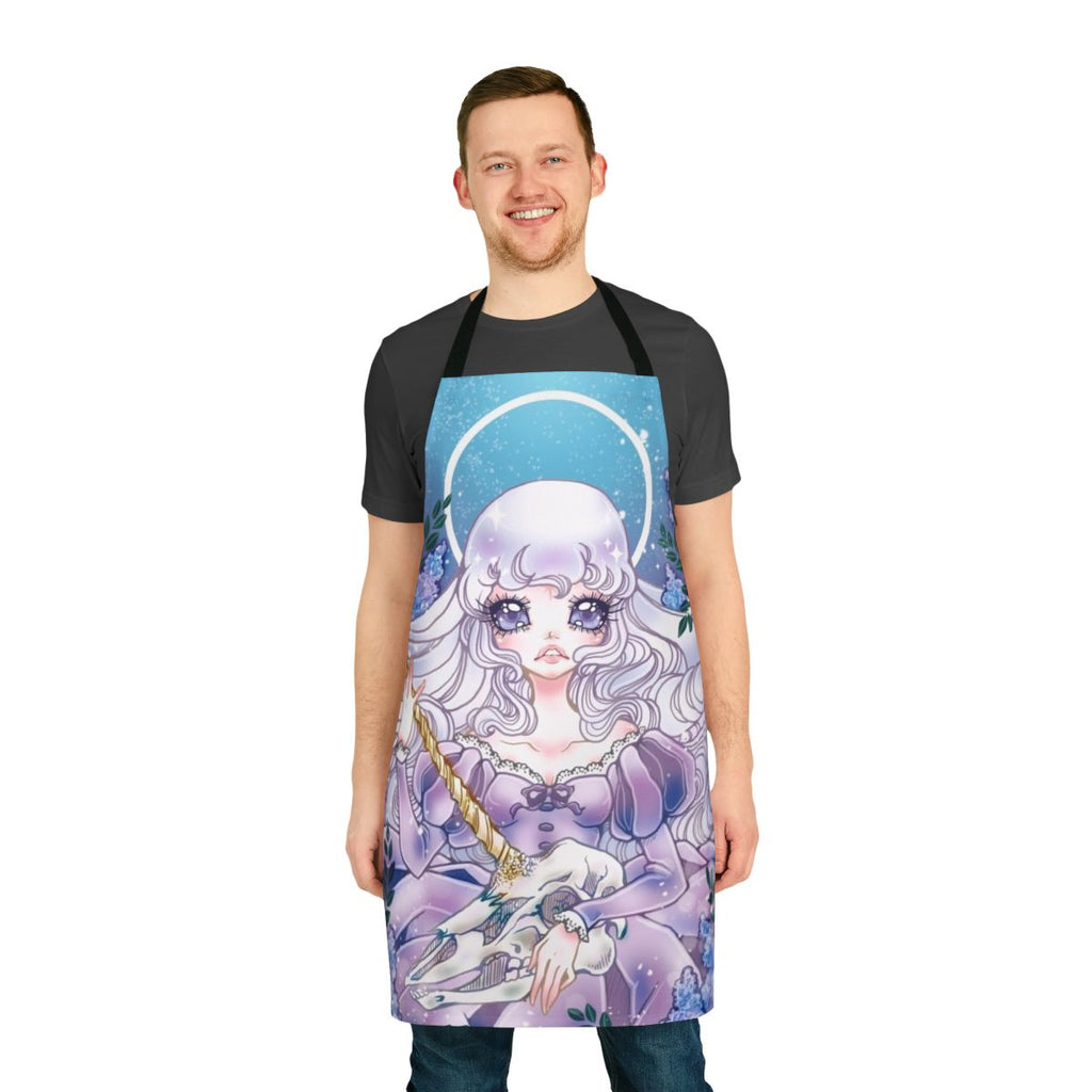A handmade apron featuring a pastel illustration of the unicorn from "The Last Unicorn" in a whimsical, fantasy style.
