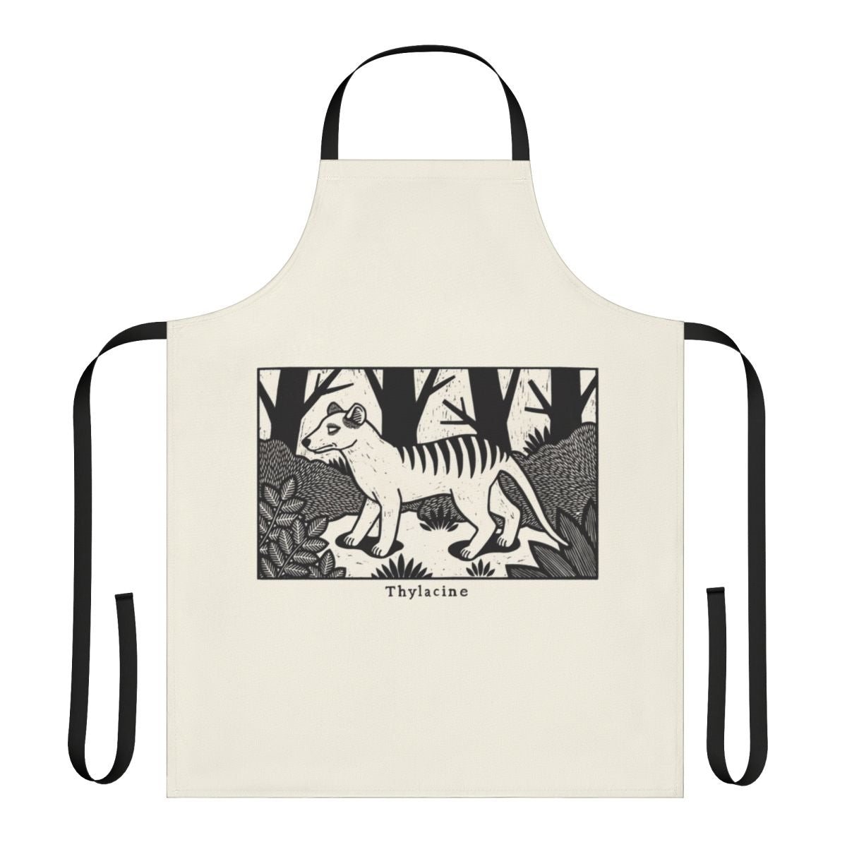 Handmade apron featuring a vintage-style woodcut design of the extinct Tasmanian tiger or thylacine