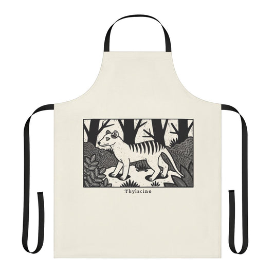 Handmade apron featuring a vintage-style woodcut design of the extinct Tasmanian tiger or thylacine