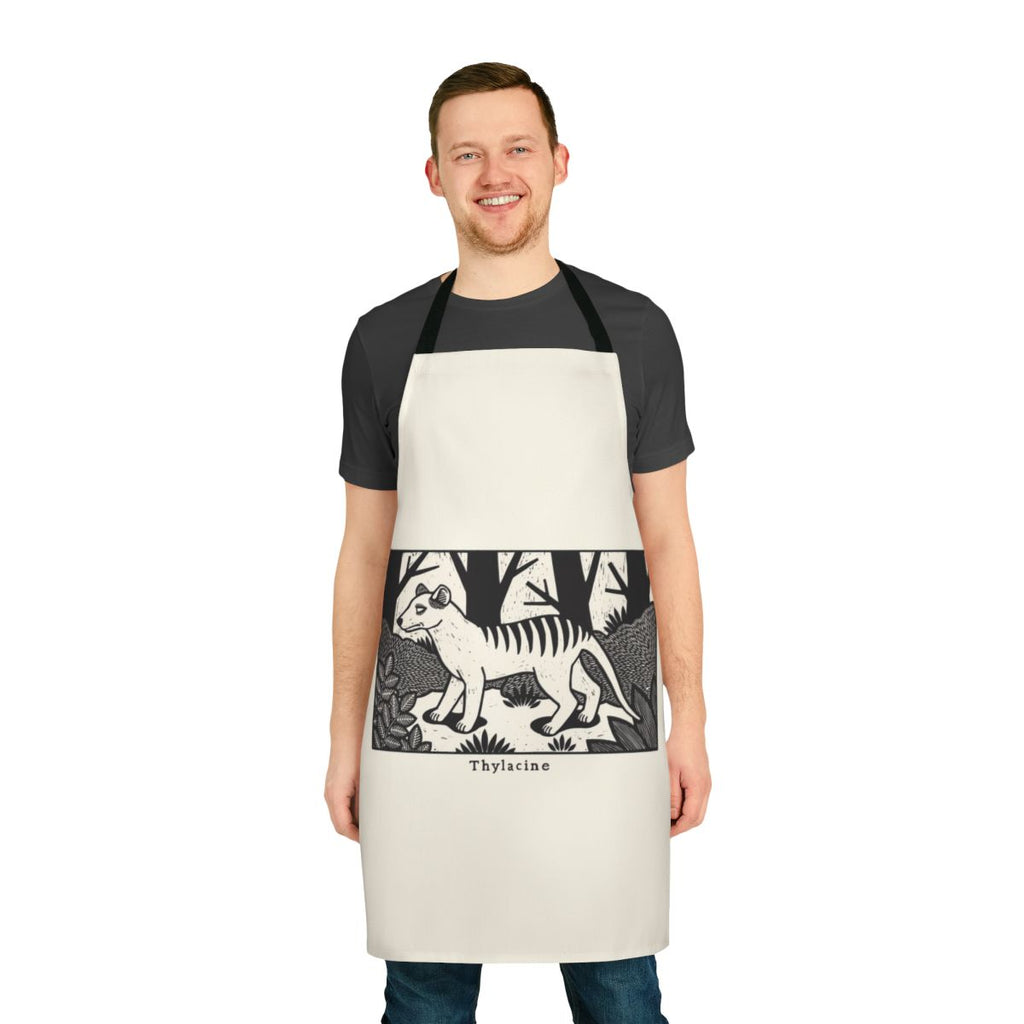 Handmade apron featuring a vintage-style woodcut design of the extinct Tasmanian tiger or thylacine
