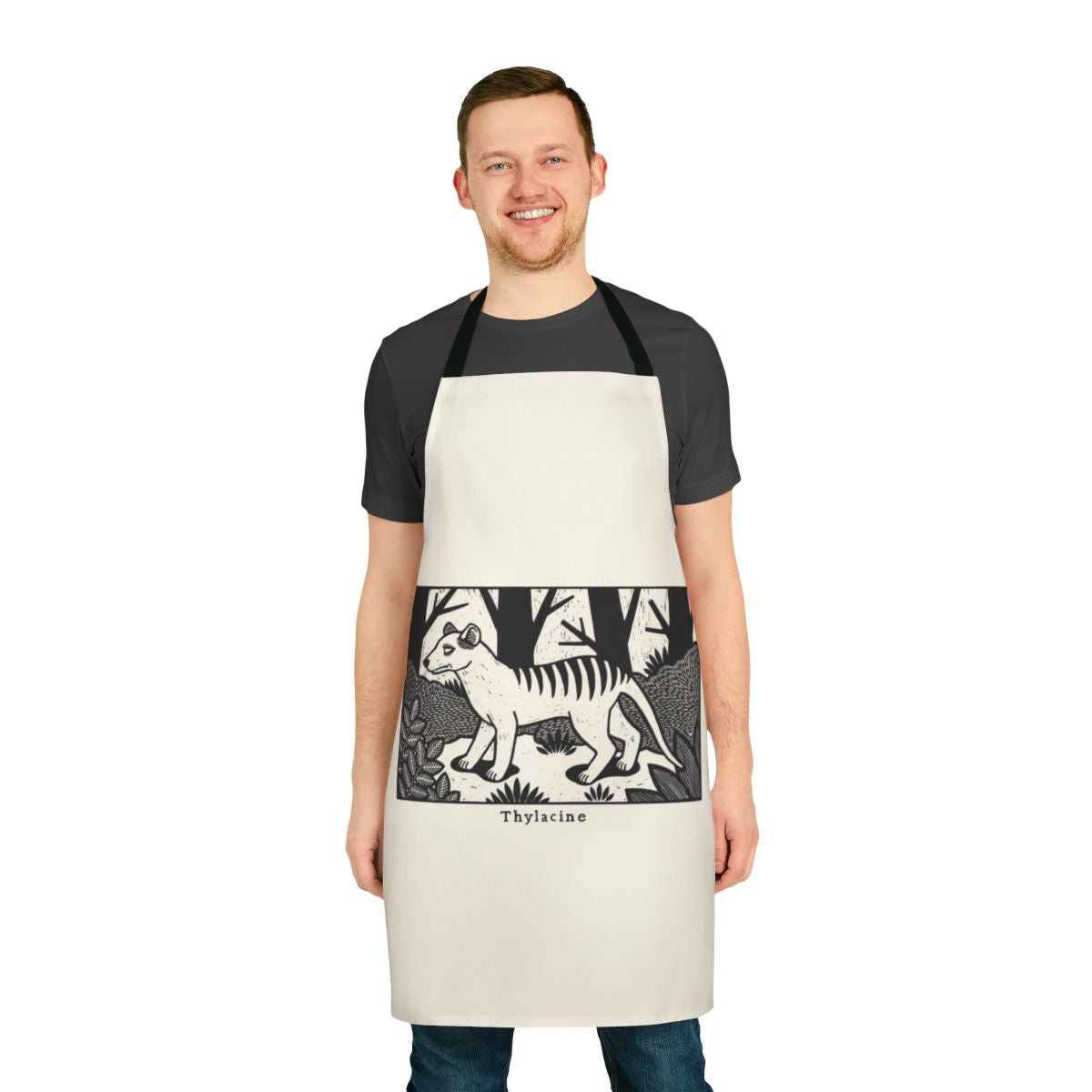 Handmade apron featuring a vintage-style woodcut design of the extinct Tasmanian tiger or thylacine