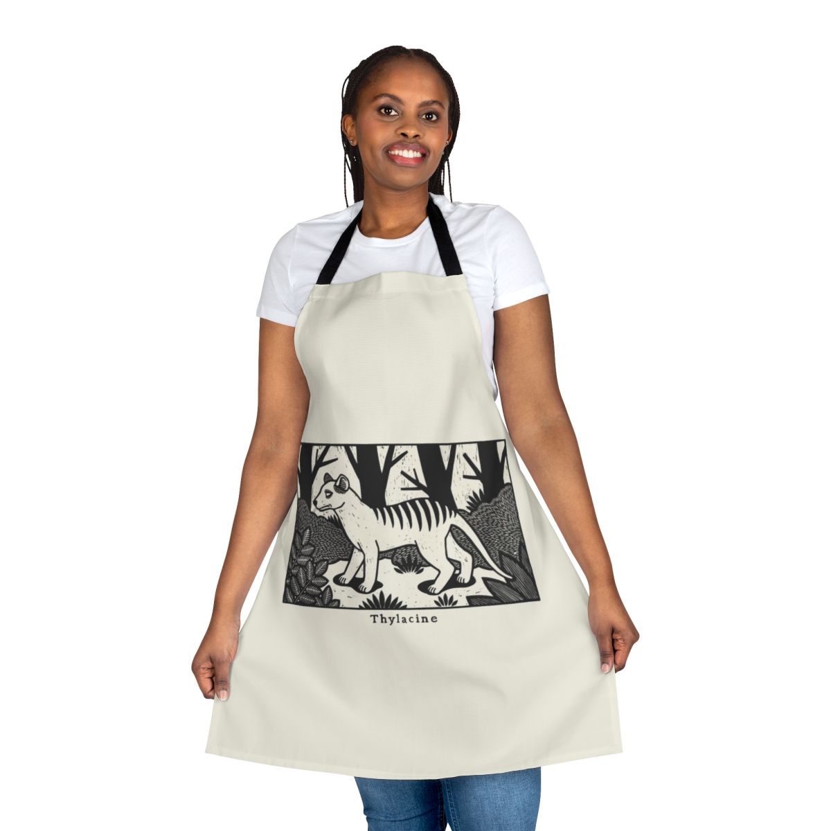 Handmade apron featuring a vintage-style woodcut design of the extinct Tasmanian tiger or thylacine
