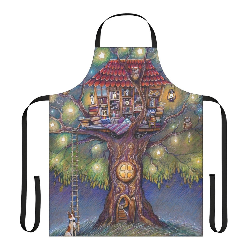 A whimsical, tree house-themed apron with illustrations of trees, stars, and cozy home elements