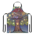 A whimsical, tree house-themed apron with illustrations of trees, stars, and cozy home elements
