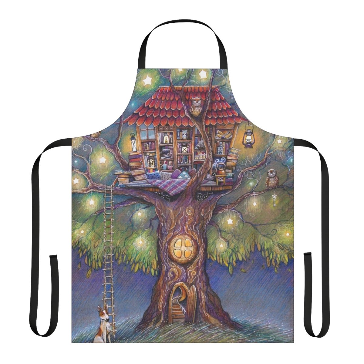 A whimsical, tree house-themed apron with illustrations of trees, stars, and cozy home elements