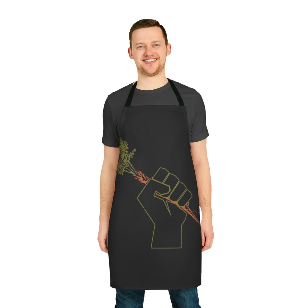 Handmade veggie permaculture apron with fist of solidarity symbol for gardeners and farmers