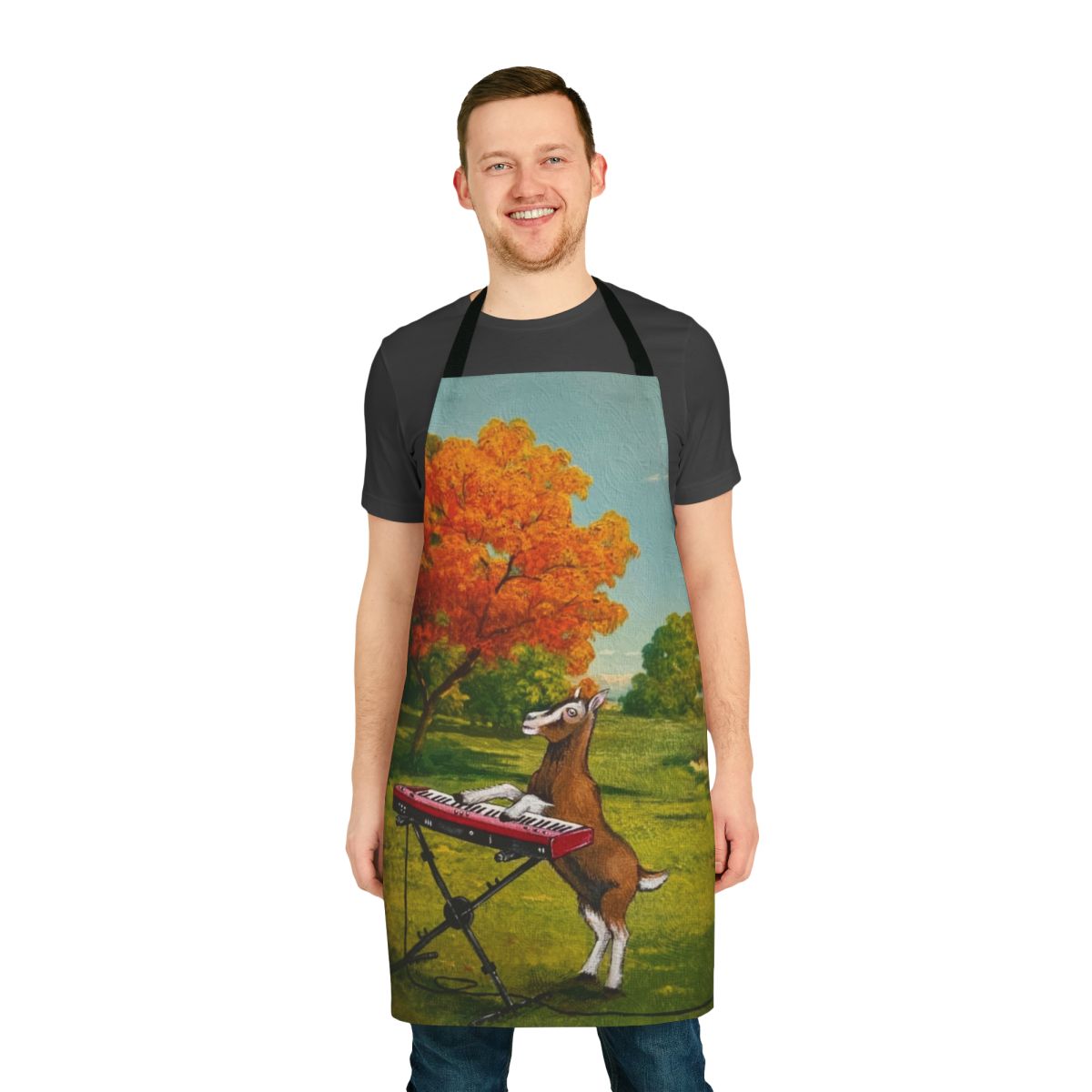 A handmade vintage-inspired one-of-a-kind apron with a meadow and goat design