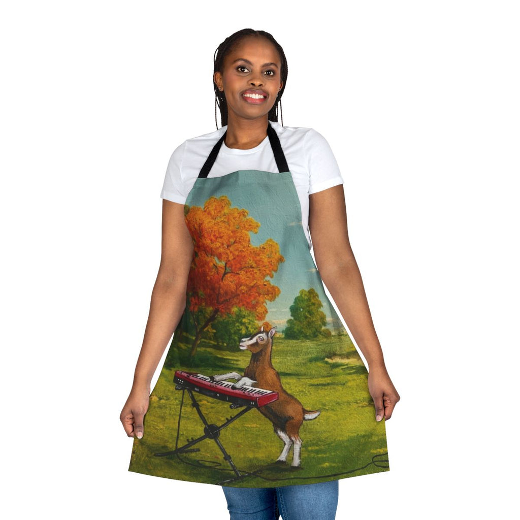 A handmade vintage-inspired one-of-a-kind apron with a meadow and goat design