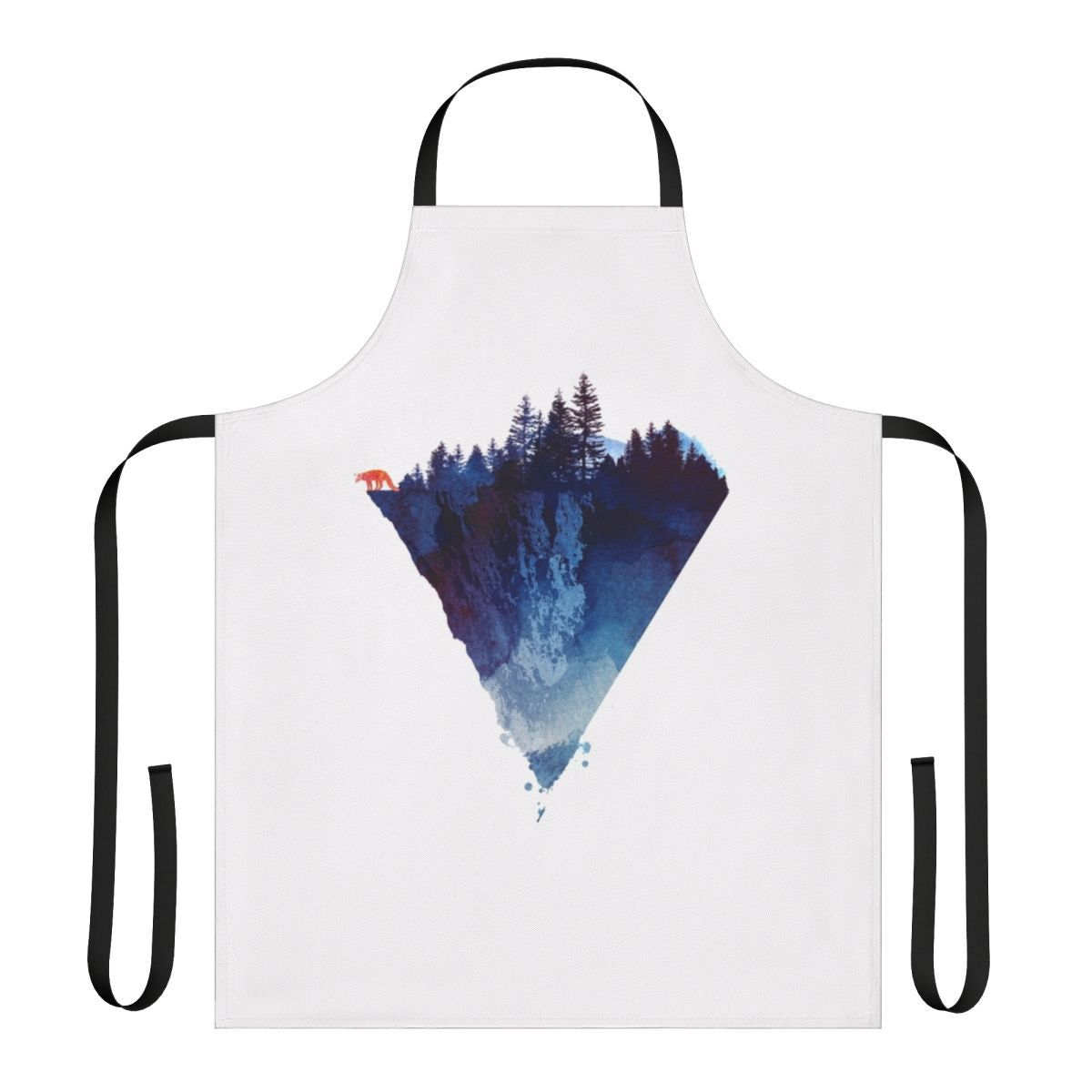 A handmade apron featuring a watercolor painting of a fox in a lush forest setting.