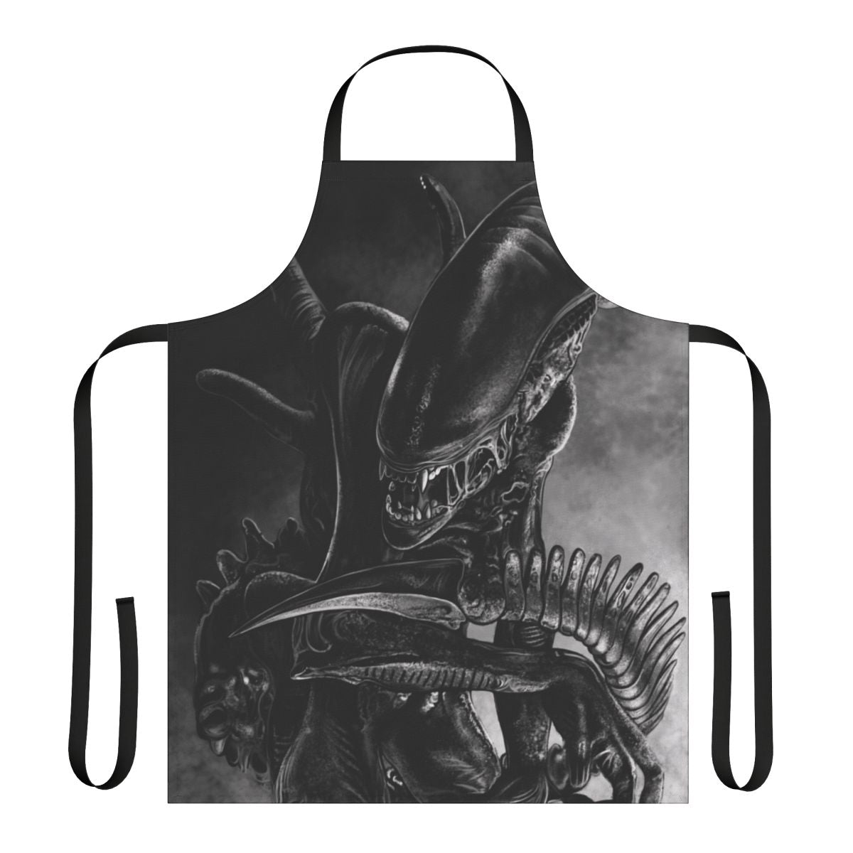 Handmade apron featuring a handdrawn, pessimistic-looking xenomorph alien in a space-themed design