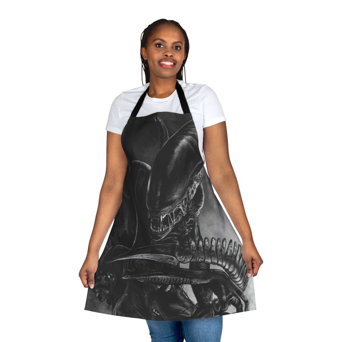 Handmade apron featuring a handdrawn, pessimistic-looking xenomorph alien in a space-themed design