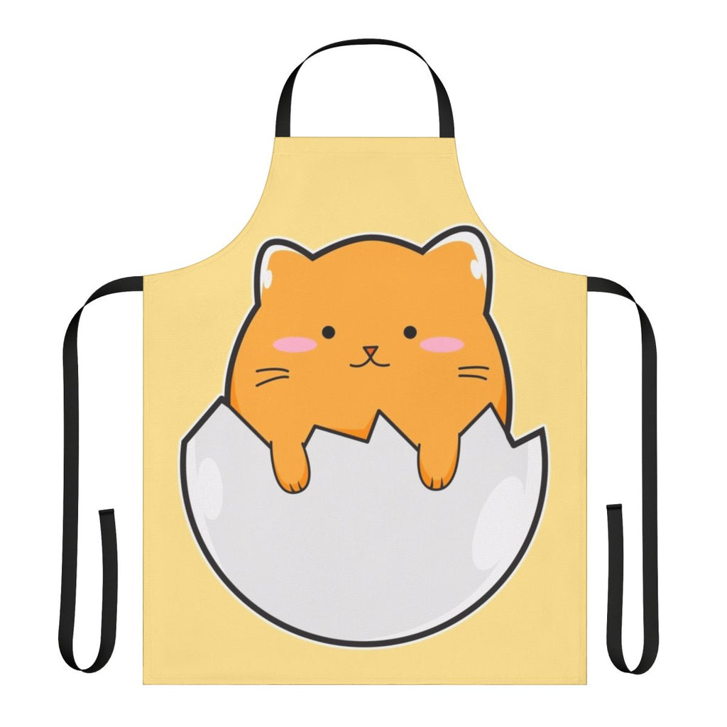 A vibrant yellow apron featuring a charming cat design, perfect for the kitchen.