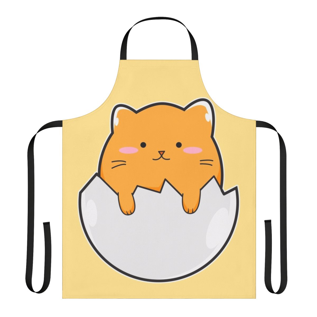 A vibrant yellow apron featuring a charming cat design, perfect for the kitchen.