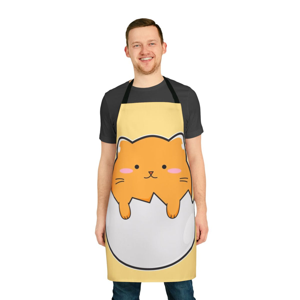 A vibrant yellow apron featuring a charming cat design, perfect for the kitchen.