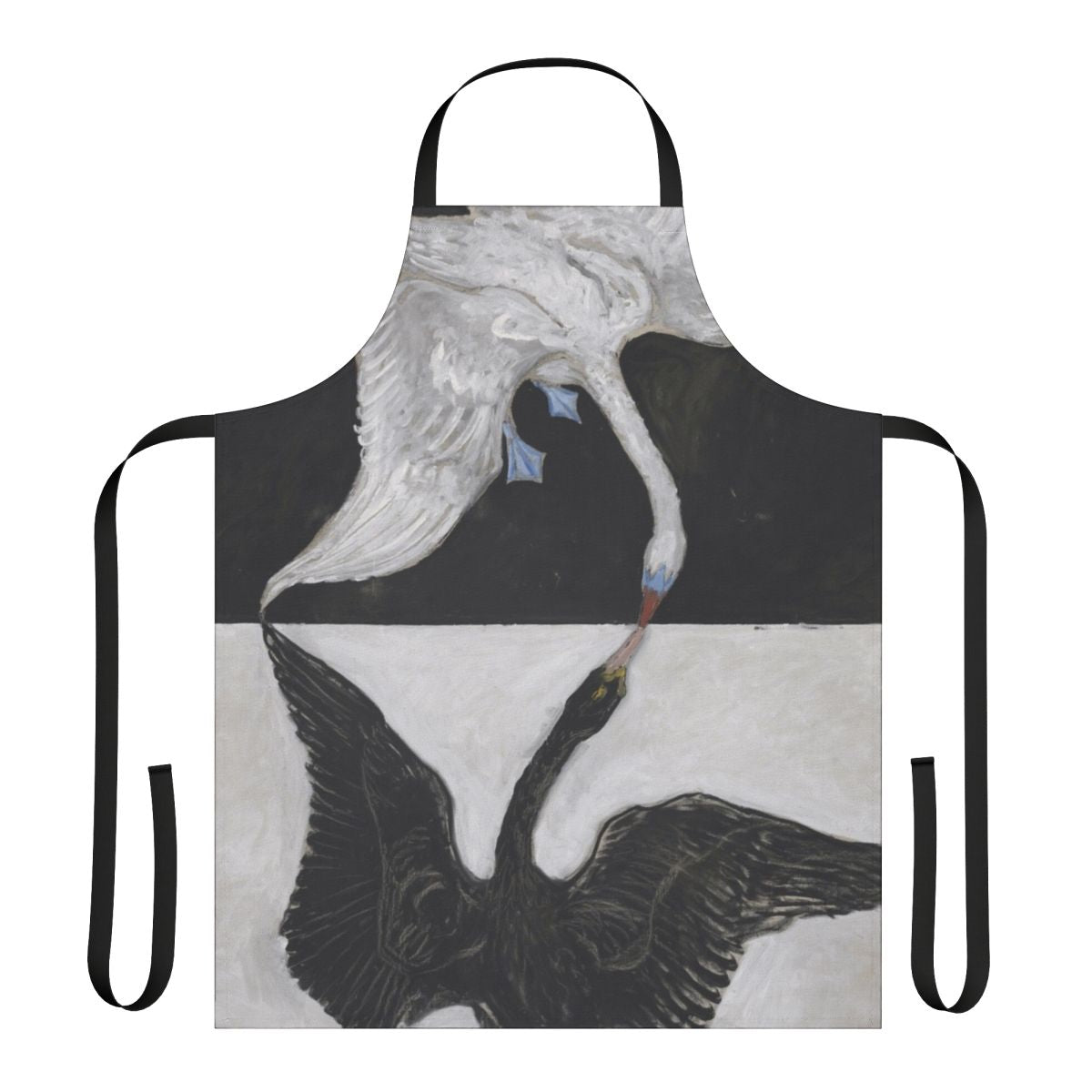 Handpainted black and white swan apron featuring a vintage-style swan design inspired by the artwork of Hilma af Klint.