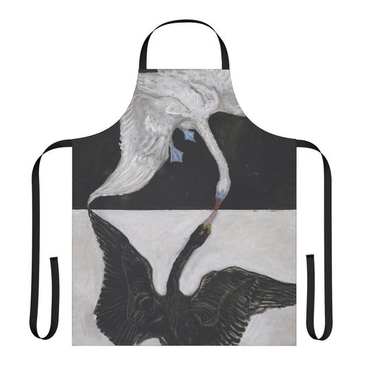 Handpainted black and white swan apron featuring a vintage-style swan design inspired by the artwork of Hilma af Klint.